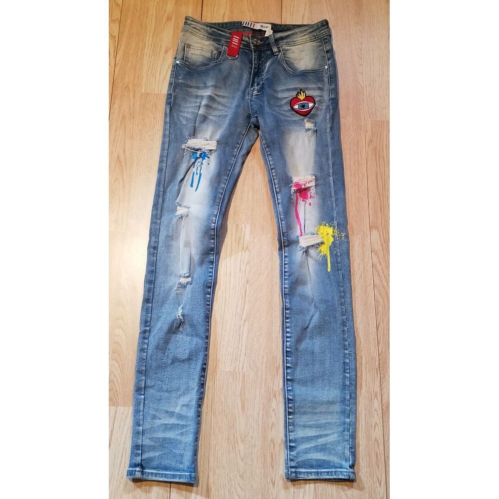 Fifth Loop Mens 30x32 Paint Splatter Patch Distressed Stretch Blue Denim Jeans